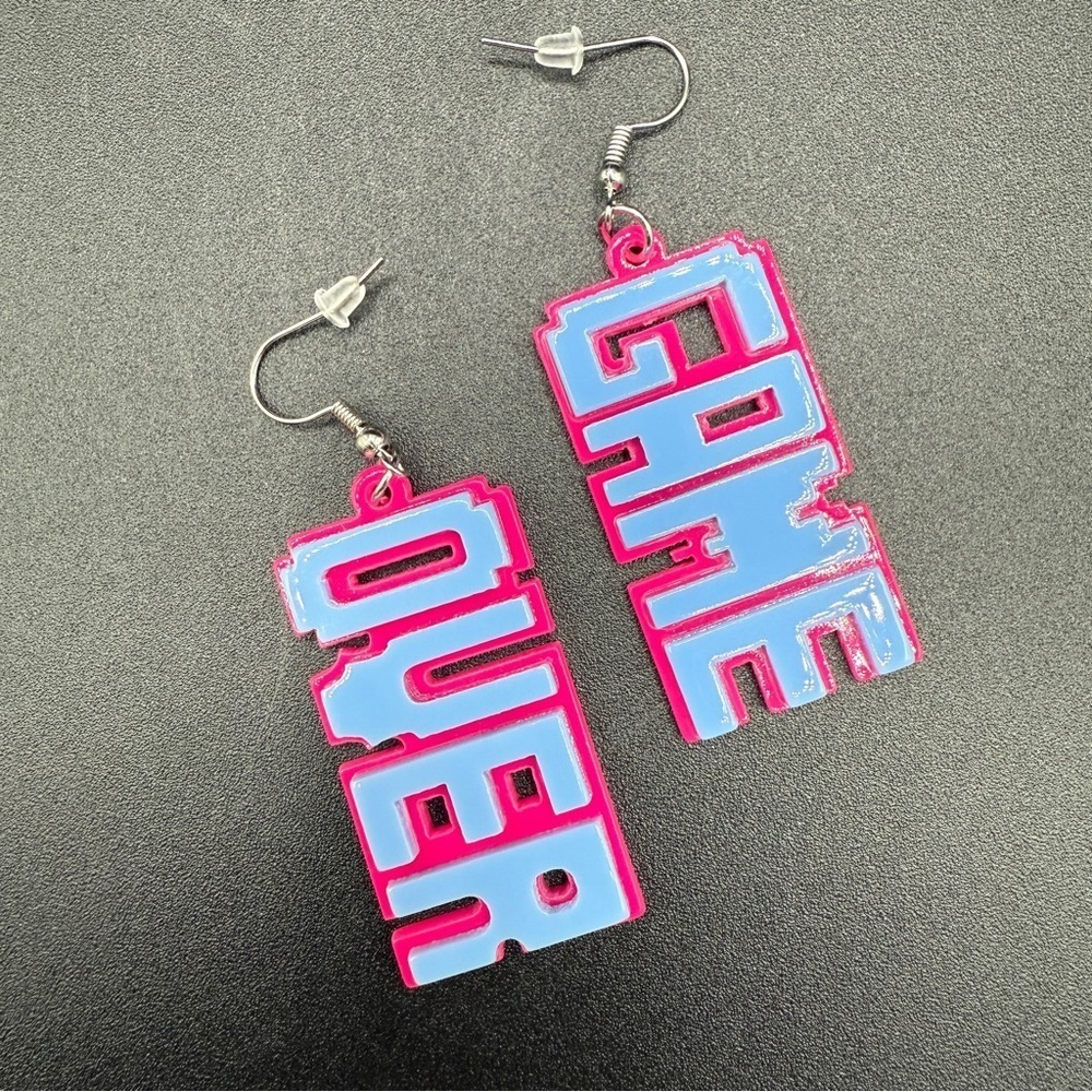 Gamer Girl PC 'Game Over' Acrylic Neon Pink and Blue Earrings - Pierced